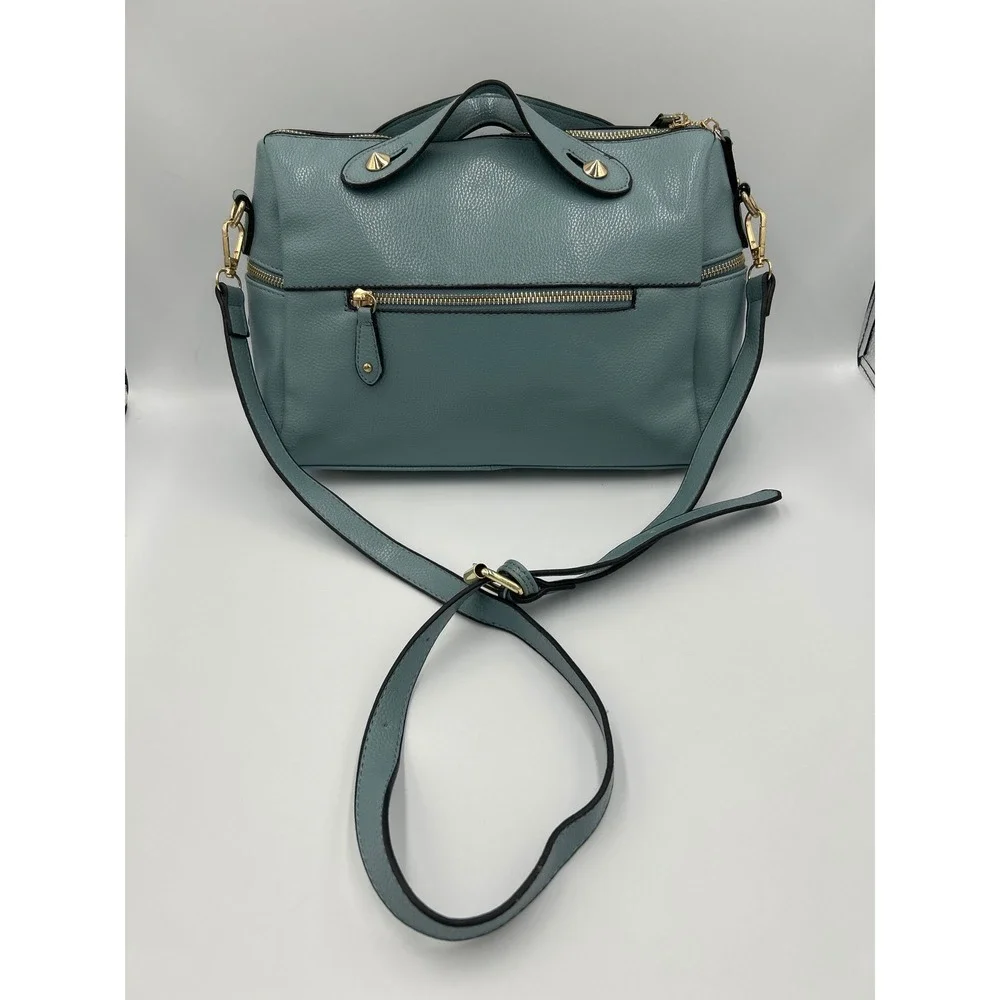 Blue Pebbled Faux Leather Satchel Crossbody Bag Gold Hardware‎ Multi Pocket